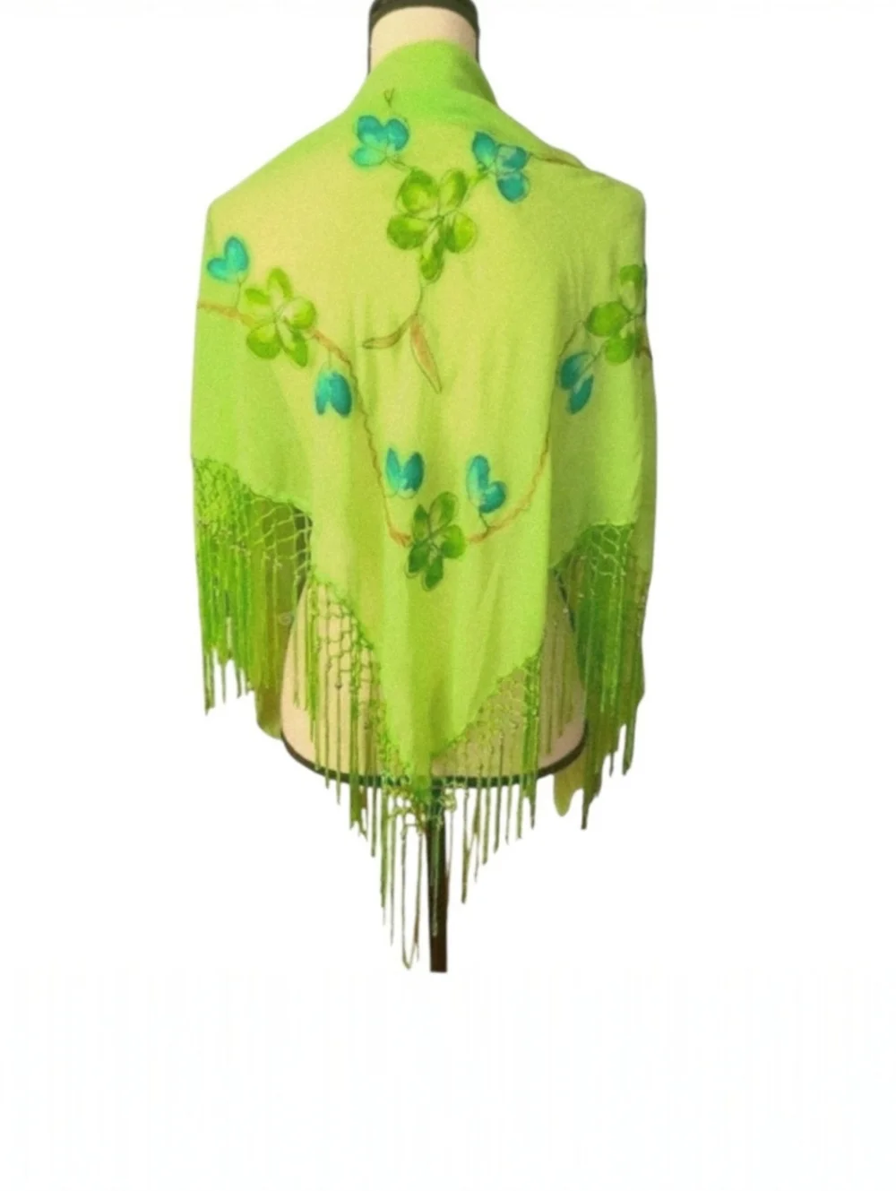 Rima Handpainted Green Floral Triangle Scarf Chiffon Terivoile Fringe